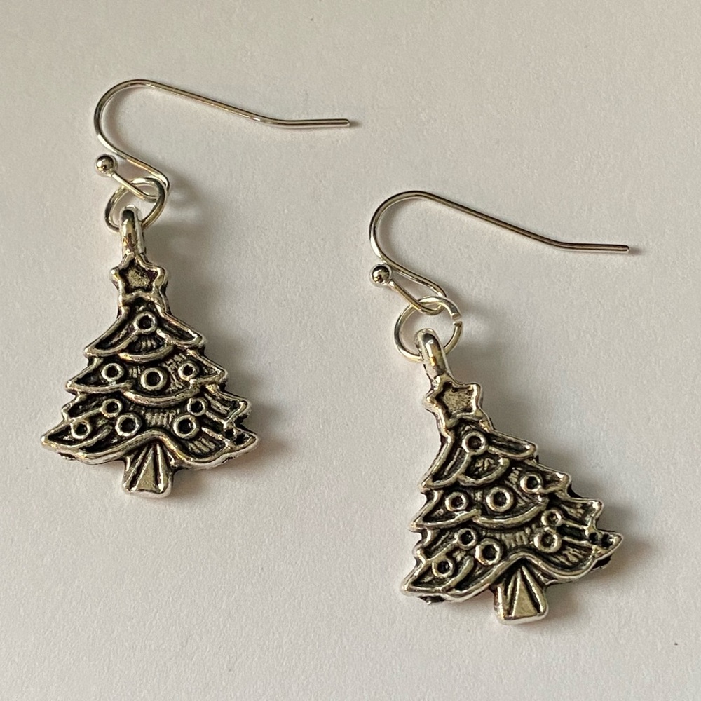 Christmas Tree Silver Tone Metal Dangle Pierce Earrings